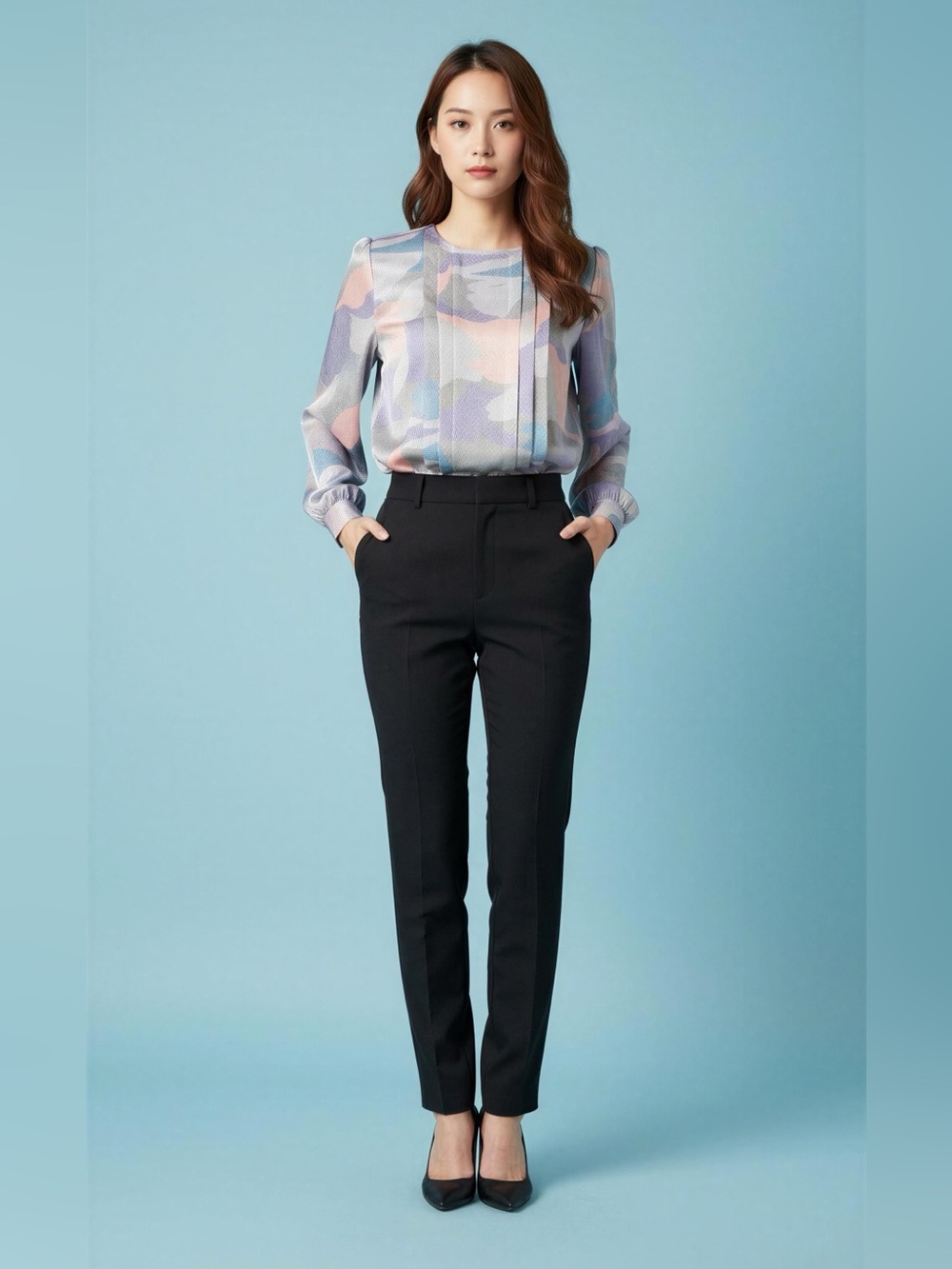 Pleated Pastel Abstract Blouse - Multicolor